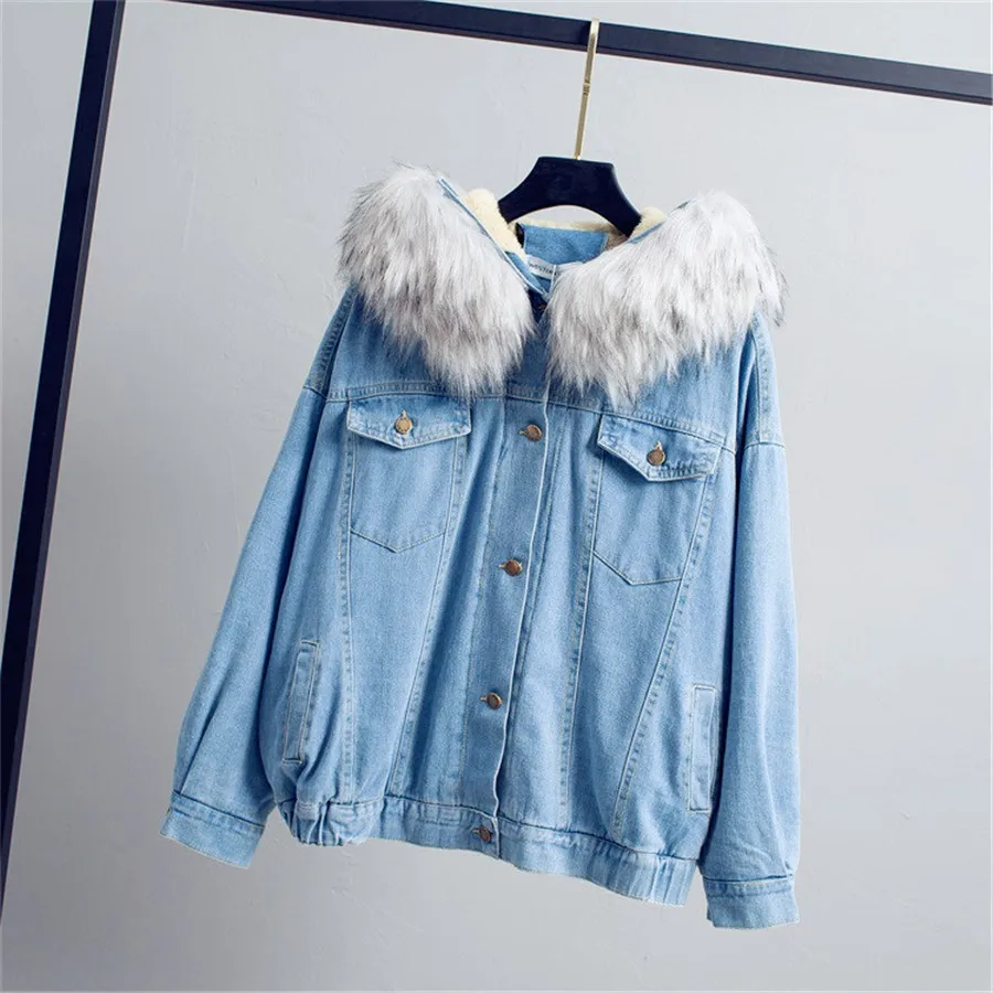 2019 зима новый меховой воротник с капюшоном плюс размер бархат Толстая джинсовая