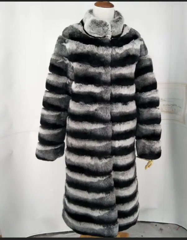 100cm Stand Collar Модные стильные шубы из натурального меха шиншиллы и кролика Рекс, длинные шубы для женщин, теплые толстые меховые куртки и пальто с отложным воротником - Цвет: 100cm Stand Collar