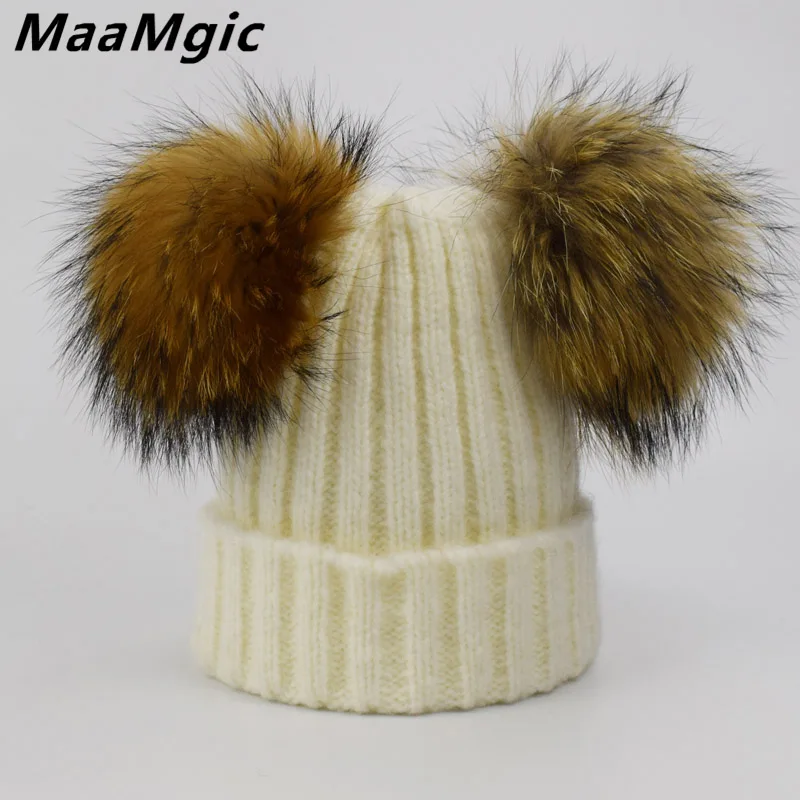 Детская вязаная шапка с двумя меховыми помпонами для мальчиков и девочек|pom pom