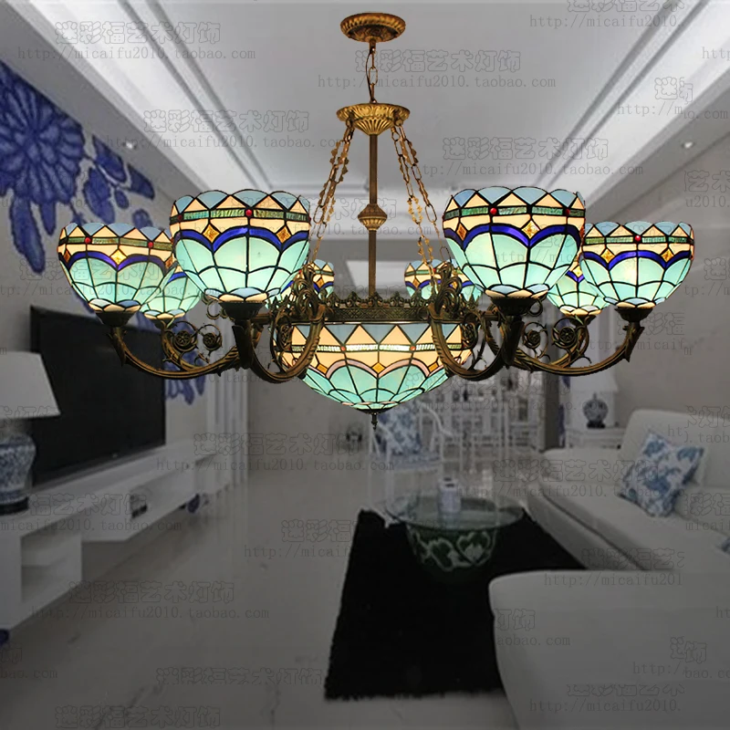 European Style Mediterranean Blue Tiffany Pendant Light Stained Glass Lobby Bar Villa Living Room Lamp Kitchen Chandelier | Лампы и