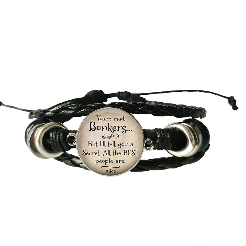 Стеклянный кожаный браслет Чеширская цитата Алисы в Стране чудес, ручной работы, выпуклое ювелирное изделие Мы все сумасшедшие здесь.