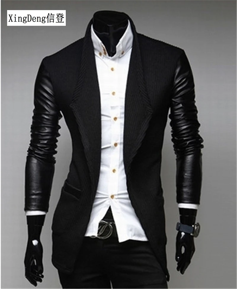 

XingDeng Men's fashion high quality open stitch jackets pu leather long seelve Wool garment Business casual Smart Suit top Coats