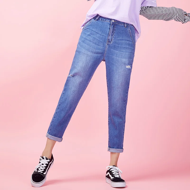 LEIJIJEANS, Новое поступление, весна размера плюс, рваные, с дырками, отбеленные, средняя талия, полная длина, высокая улица, свободные, Женские джинсы-шаровары, 9037
