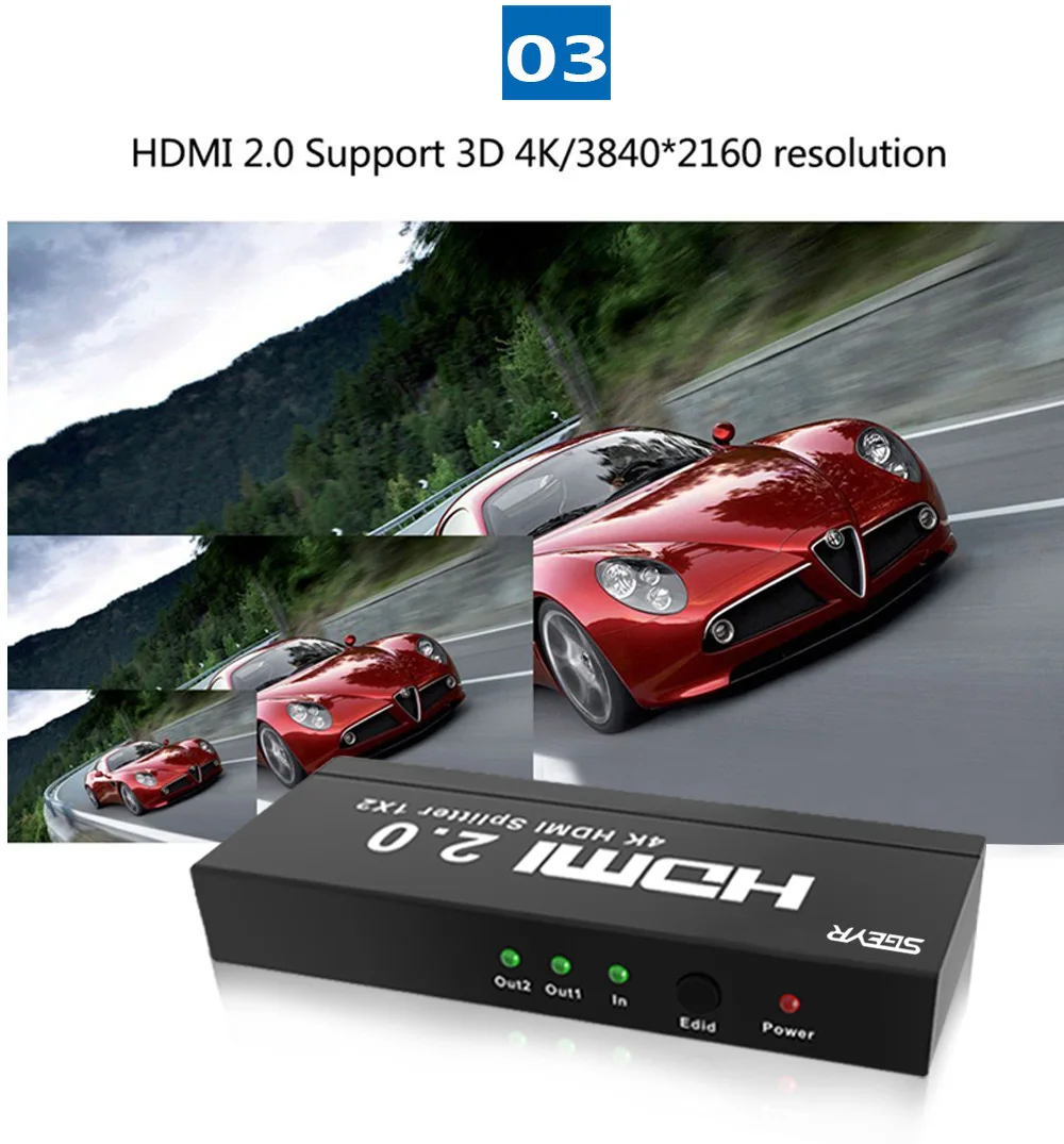 1x2 HDMI Сплиттер 4K 2 Way HDMI didriver сплиттер 1 в 2 Выход SGEYR сплиттер HDMI 2,0, HDCP2.2 4Kx2K@ 60 Гц с EDID переключателями
