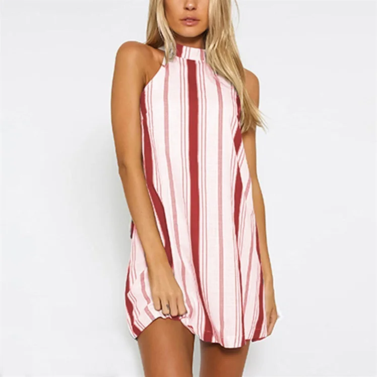 Новые модные женские туфли Пикантные мини платье Холтер Стиль в полоску с