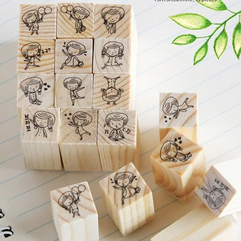 12 pcs/box Mini children girl stamp DIY wooden rubber stamps for scrapbooking stationery scrapbooking standard stamp