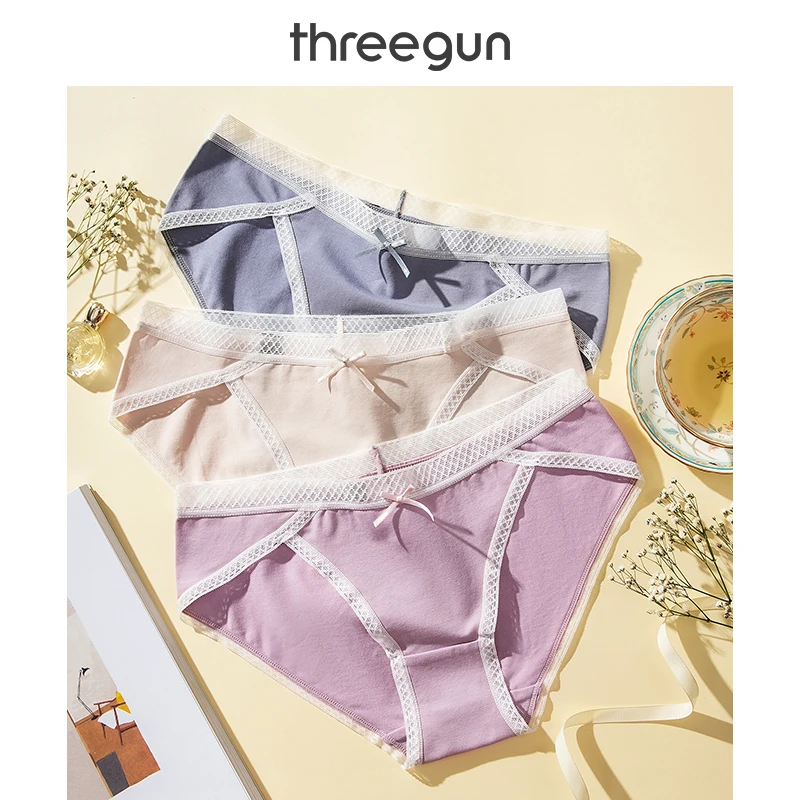 THREEGUN 3 шт. нижнее белье женские трусики хлопок летние тянущиеся кружевные дышащие