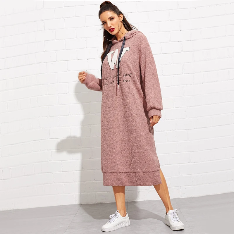 Dotfashion/розовое вышитое платье с капюшоном и разрезом в виде букв, женская одежда, Осеннее модное платье-толстовка с длинным рукавом