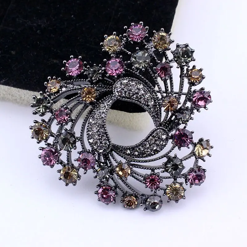 

TANGTANG Brooch Black Tone Colorful Rhinestone Wreath Flower Brooch Pin Classic Women Scarf Jewelry Pins Gorgeous Bouquet BH8432