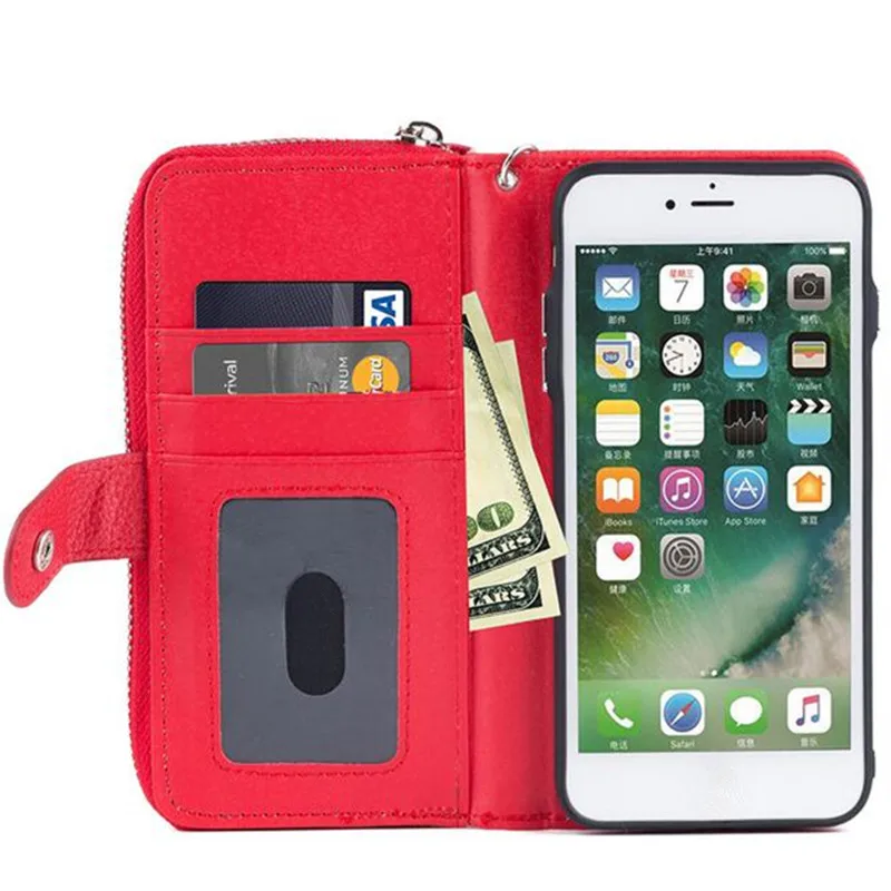 Многофункциональный кожаный бумажник на молнии с магнитной съемной задней чехол