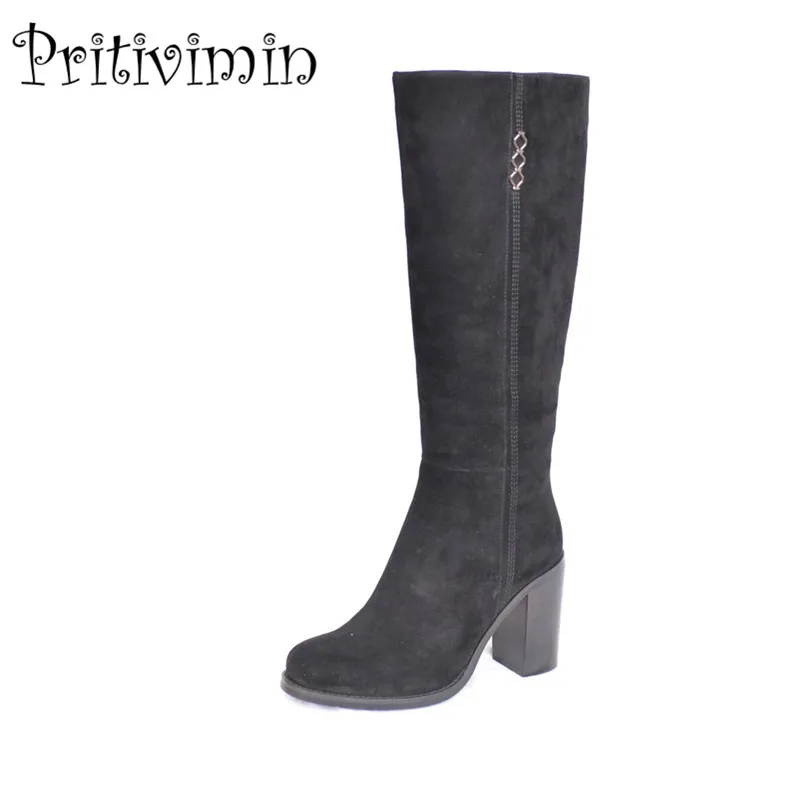 

2018 female winter warm real fur lined shoe woman super high heeled knee high boots ladies suede leather footwear PritiviminFN63
