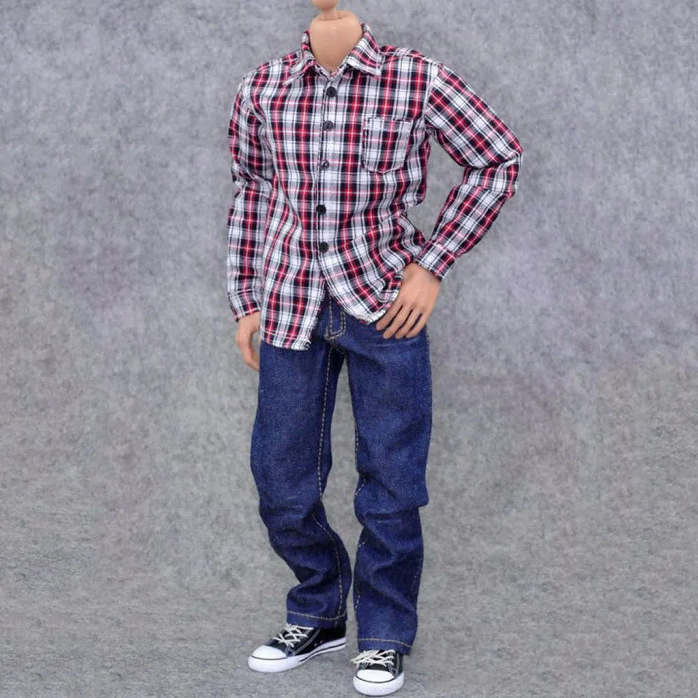 1/6 мужская одежда 1:6 zy Toys Youth красный белый синий Checker Box рубашка и джинсы набор для