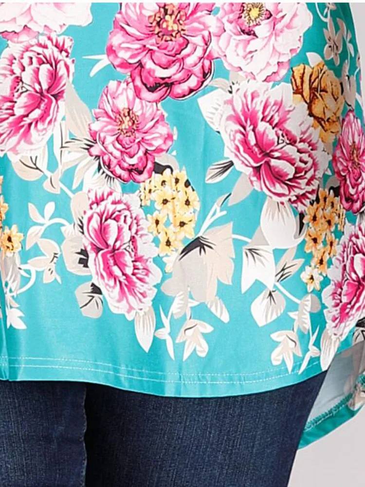 

2019 spring summer Plus size women's peony print seven quarter sleeve blouse irregular large causal T-shirt tops