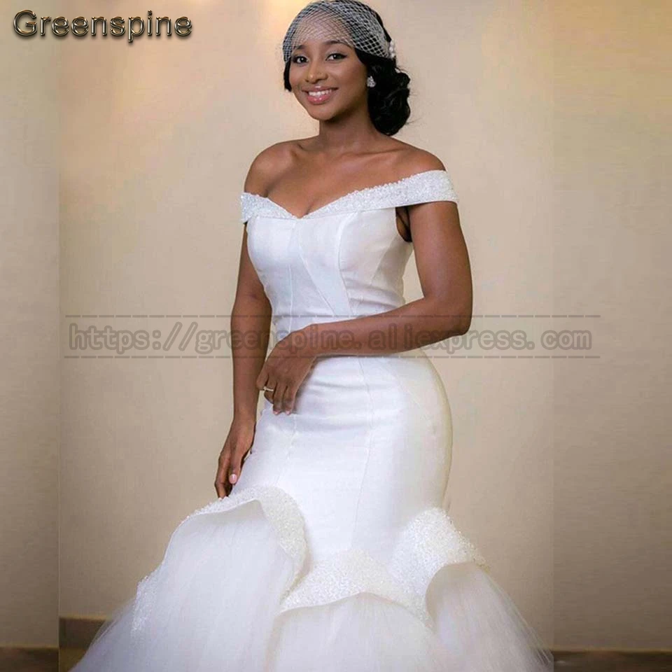 Plus Size Mermaid Wedding Dresses 2019 Caftan Mariage Satin Elegant Bridal Dress Pearls Beading Gown Off the Shoulder | Свадьбы и