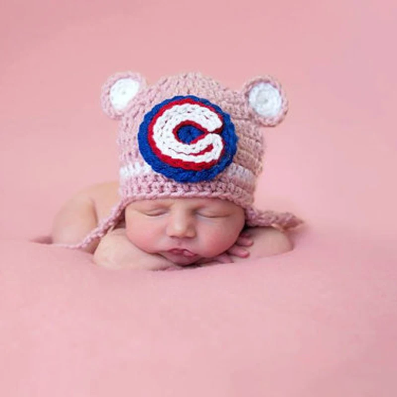 Ручная вязаная шапка Chicago Cubs Bear футбольная команда Шапка-бини для новорожденных