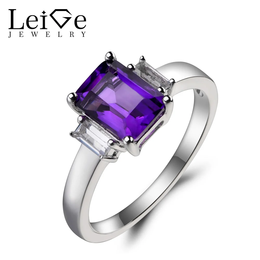 

Leige Jewelry Natural Amethyst Ring Anniversary Ring Emerald Cut Purple Gemstone February Birthstone 925 Sterling Silver Ring