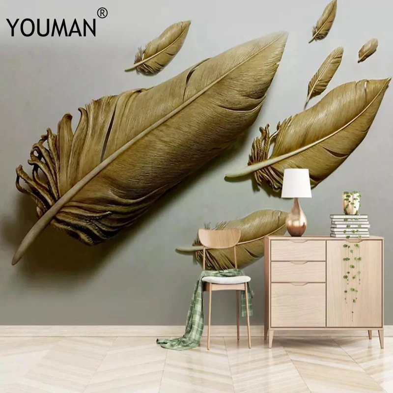 Обои YOUMAN на заказ фото обои живопись 3D рельефные золотые перья фон настенная