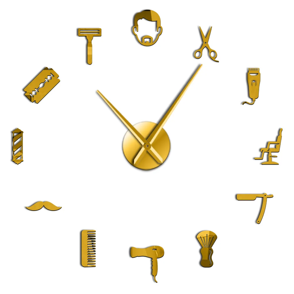 Gold Framless Male Barber Shop Acrylic Simple 3D DIY Wall Clocks Hair Stylist Hair Salon Decor Quiet Sweep Mirror Effect Clock Watch - Цвет: Gold