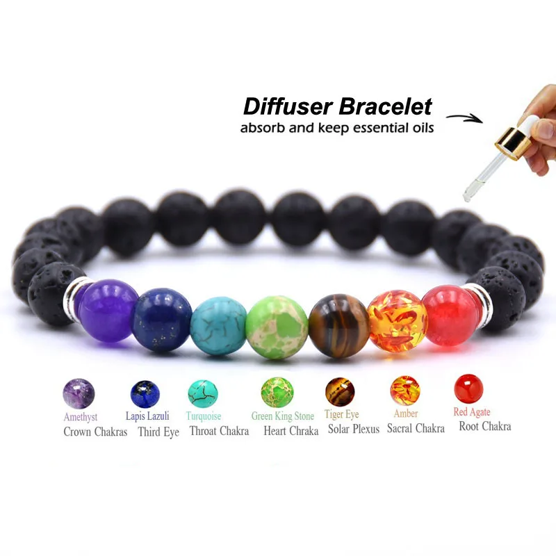 8mm Natural Round Stone 7 Chakra Volcanic  Braided Beaded Couple Bracelet Healing  Meditation Prayer Yoga Women Jewellery