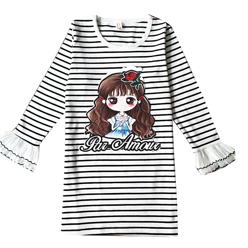 Kids Stripe Dress Girls Cartoon Cotton Tee Flare Sleeve Dresses 2018 Spring Autumn Children Clothes For 4 6 8 10 12 Years | Детская