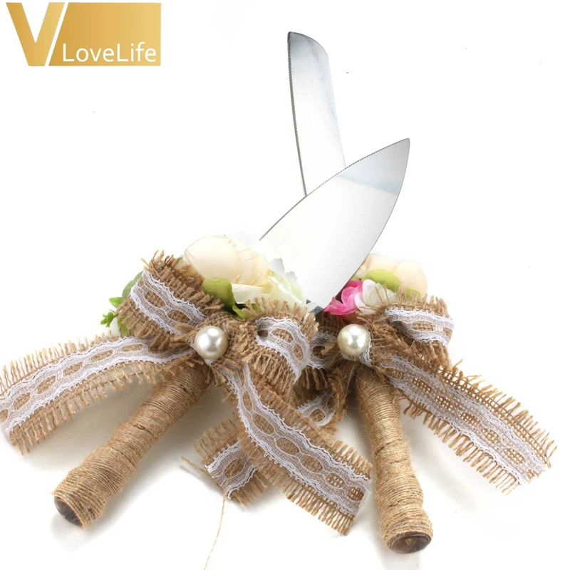 2 шт./компл. Мешковина Ткань Свадебный торт нож и сервер набор из нержавеющей