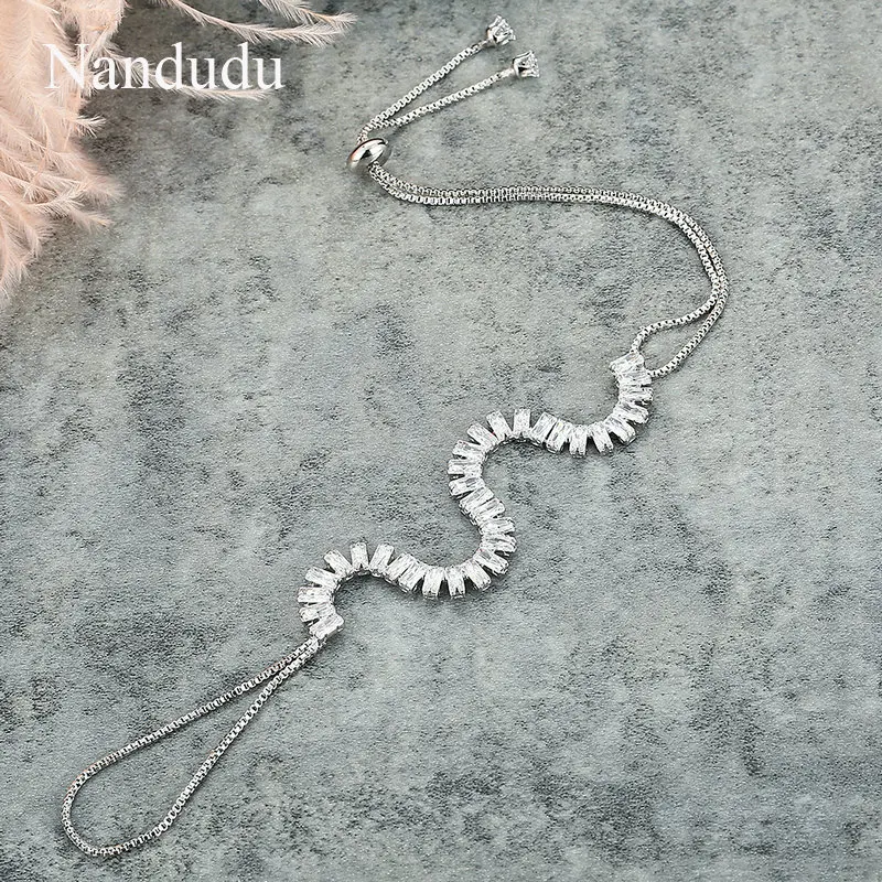 Nandudu Fashion High Level AAA Zircon Chain Bangle Trendy Palm Bracelet Silver Color Prong Setting Luxury Jewelry Gift R2095 | Украшения и