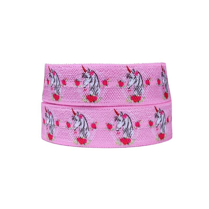 

(50yards/lot) Unicorn printed foe pink fold over elastic