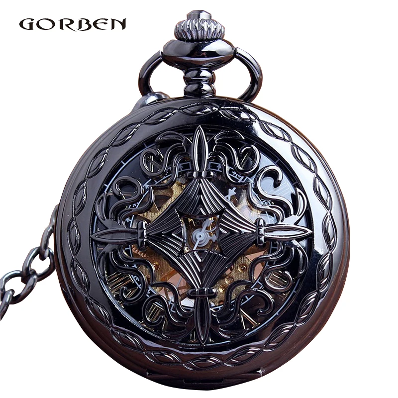 Ретро механические полые черные винтажные карманные часы стимпанк Скелет ручной