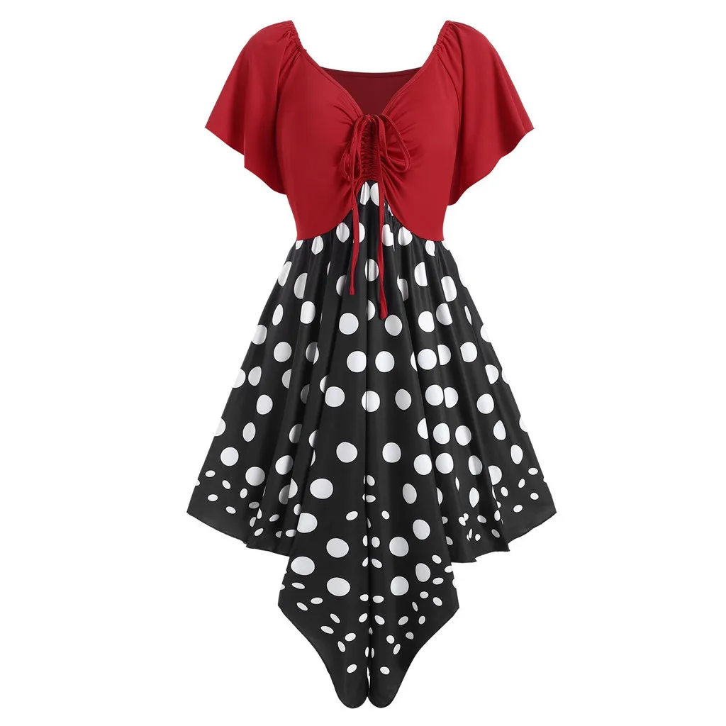 Womail модное платье с коротким рукавом рюшами в горошек носовой платок асимметричный подол вечернее v