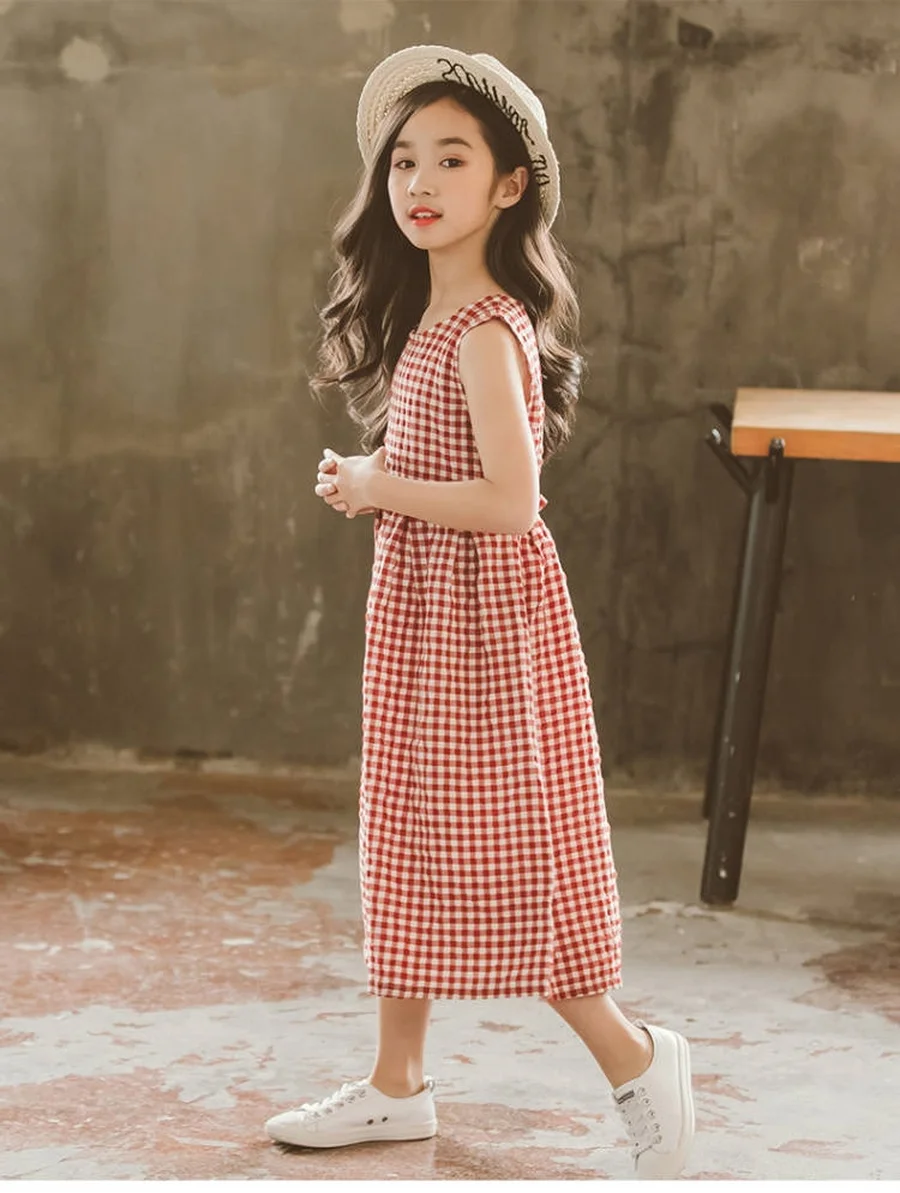 Red Plaid Dress for Girls Summer Kids England Fashion Linen Long Dresses Teen Girl Sleeveless Maxi 8 10 12 14 | Детская одежда и