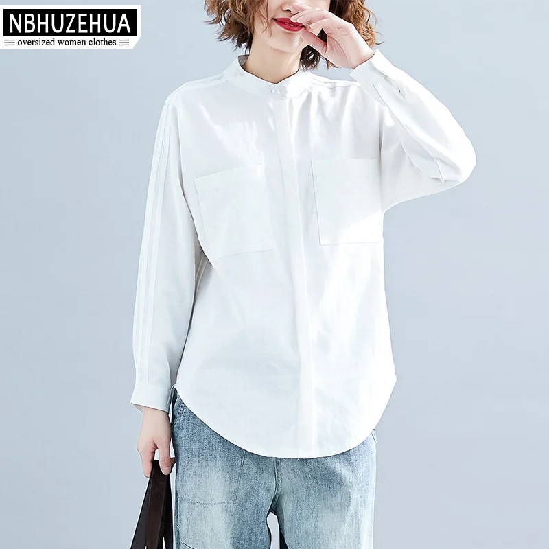 NBHUZEHUA 2019 Весенняя женская блузка с длинным рукавом Женская белая в полоску 4XL 5XL