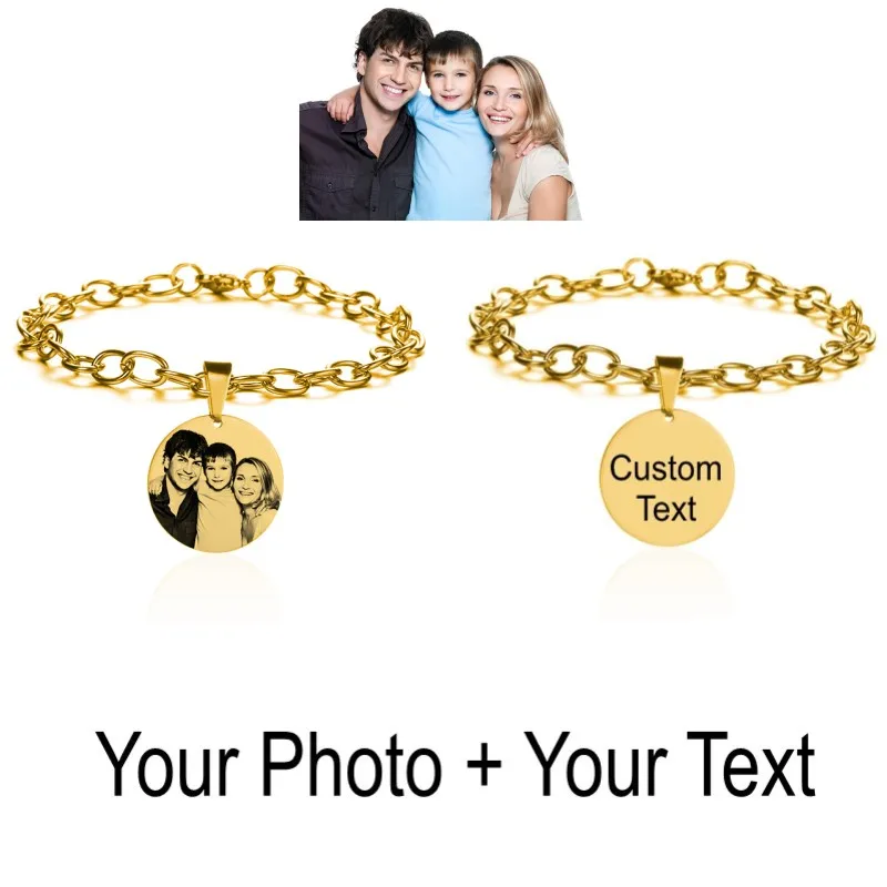 Gold3 Engrave Photo Персонализированные индивидуальные браслеты с выгравированным фото именем и датой для женщин и мужчин из нержавеющей стали, регулируемые браслеты с идентификационной биркой, семейные подарки - Окраска металла: Gold3 Engrave Photo