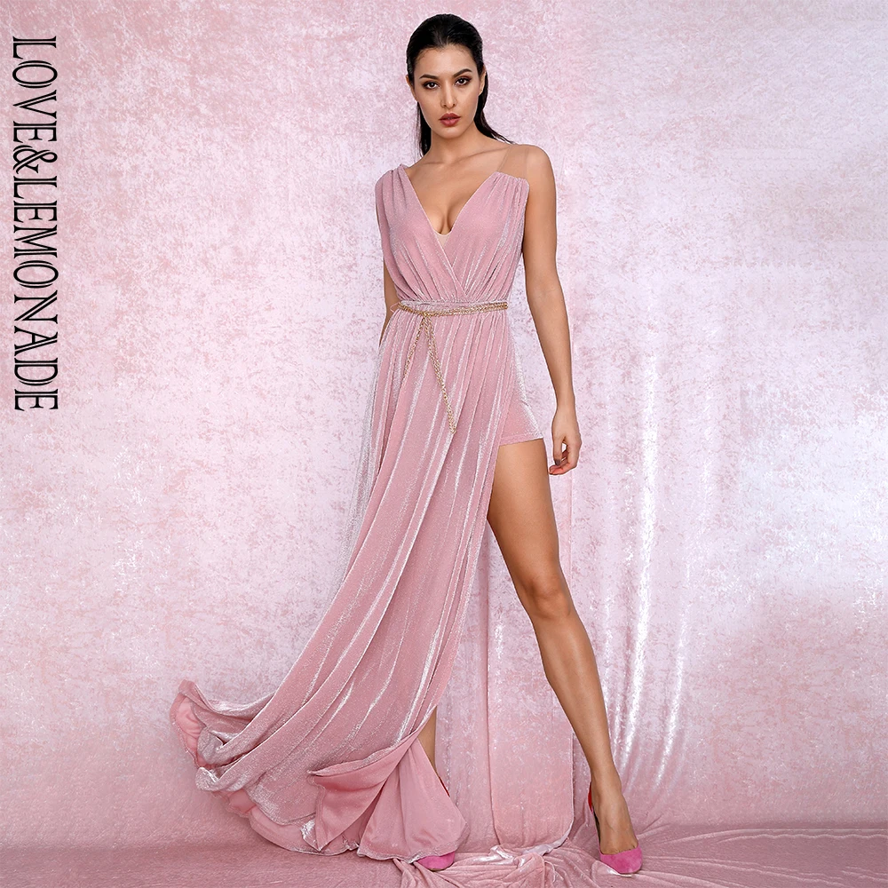 Женское платье макси LOVE &amp LEMONADE розовое с глубоким V-образным вырезом и разрезом