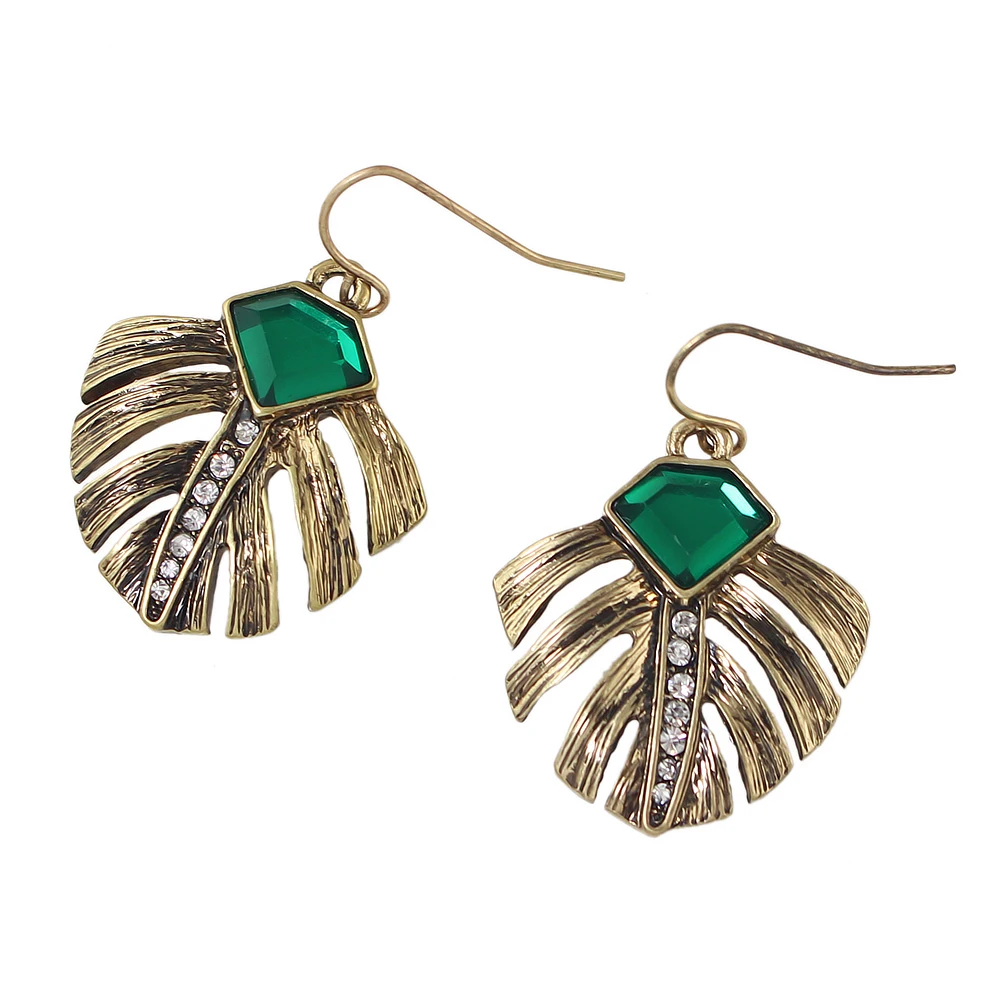 Vintage Female Earrings Costume Jewelry Anqitue Gold Color with Green Stone and Rhinestone Feather Shape Dangle Brincos|dangle earrings|earrings