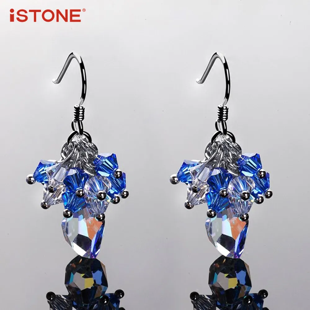 iSTONE 100% Natural Gemstone Pink Green Blue Crystal 925 Sterling Silver Flower Shape Drop Earrings Fine Jewelry Gift for Woman | Украшения