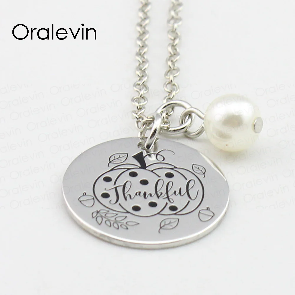 THANKFUL Inspirational Hand Stamped Engraved Charm Pendant Necklace Metal Silver Color Jewelry 18Inch 22MM 10Pcs/Lot #LN2403 | Украшения и