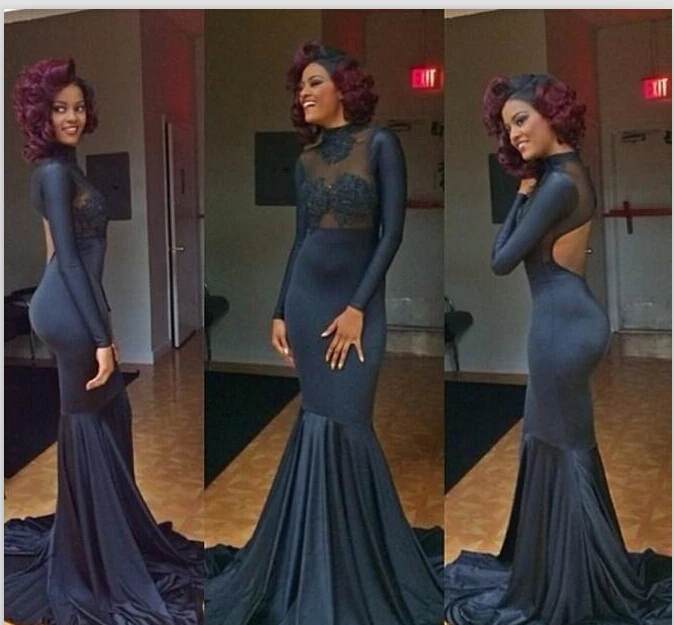 Элегантный Черный Sexy Длинным Рукавом Платья Выпускного Вечера 2017 Русалка Дизайн