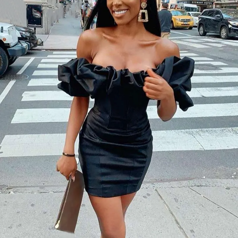 Summer Women Off Shoulder Sexy Dress Bodycon Ruffle Party Short Sleeve Elegant Mini Vestidos De Fiesta | Женская одежда