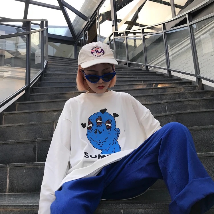 Осенняя модная женская футболка в Корейском стиле Ulzzang Harajuku с забавным мультяшным принтом, футболки с длинным рукавом, Женская Повседневная футболка с круглым вырезом, Топ