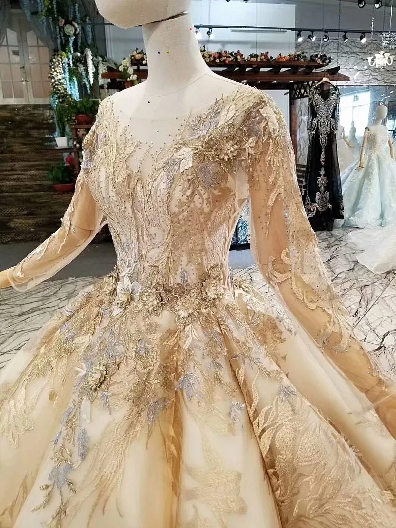 LS486321 шампинь бальное платье вечернее с длинными рукавами из тюля и круглым