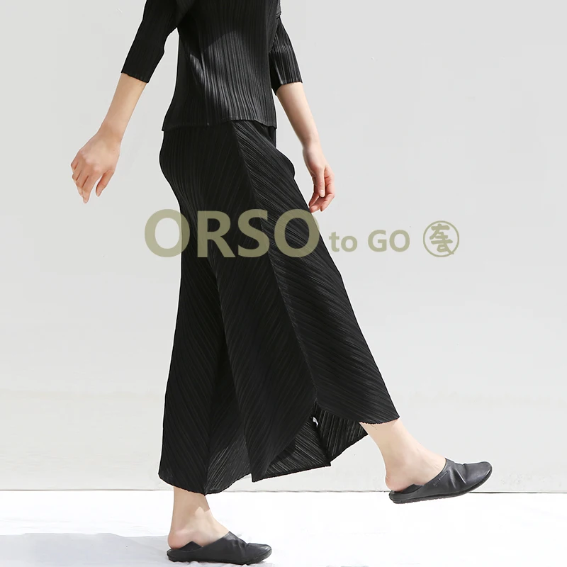 Black Changpleat летние новые женские широкие брюки Miyak плиссированные Модные Дизайнерские однотонные свободные женские брюки с высокой талией большого размера - Цвет: Black