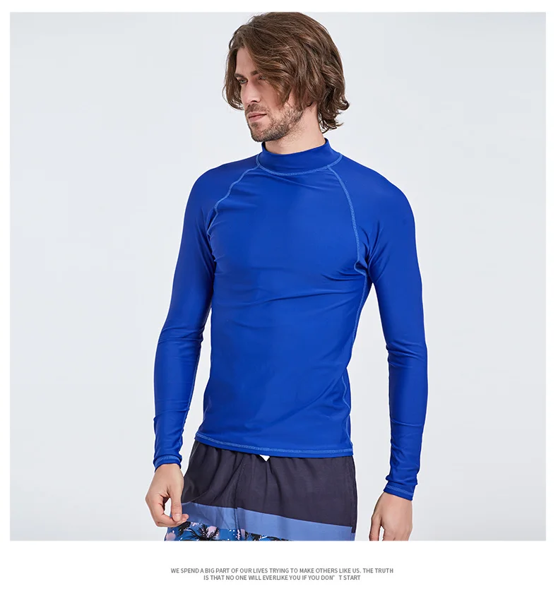 Мужская быстросохнущая Футболка для плавания UPF 50+ Rashguard с длинным рукавом, Топ для плавания, одноцветная синяя Облегающая рубашка для плавания