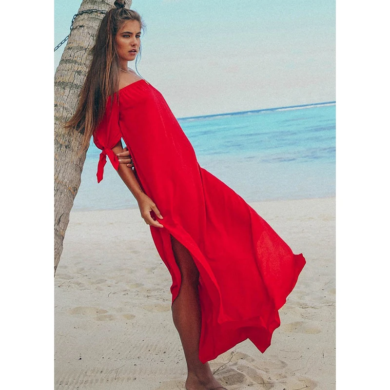 Летнее женское платье с открытыми плечами красивое пляжное праздничное