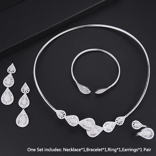 Silver Set Роскошные капли воды регулируемое ожерелье браслет серьги кольцо полный микро кубический цирконий наборы одежды ювелирные наборы - Окраска металла: Silver Set