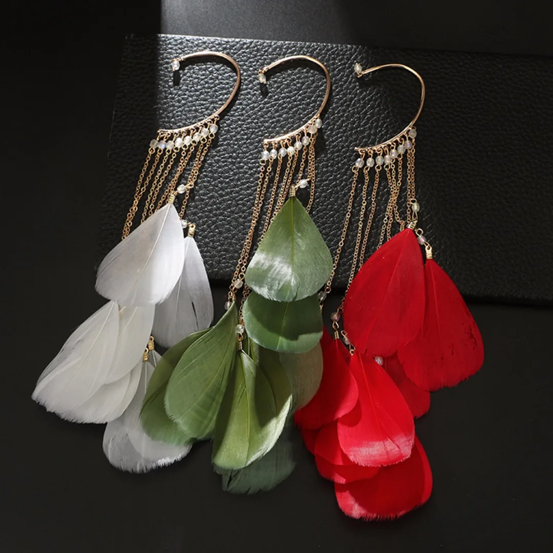 Boho перо уха манжеты клип на серьги без пирсинга кисточка на длинной цепочке ухо манжеты широкий многослойный женщин Кристалл ювелирные изделия