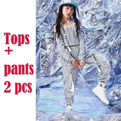 2 pieces set Новые детские костюмы для джазовых танцев, модели для девочек в стиле хип-хоп, костюмы для выступлений с блестками, топы и штаны комплект из 2 предметов, DWY1456 - Цвет: 2 pieces set