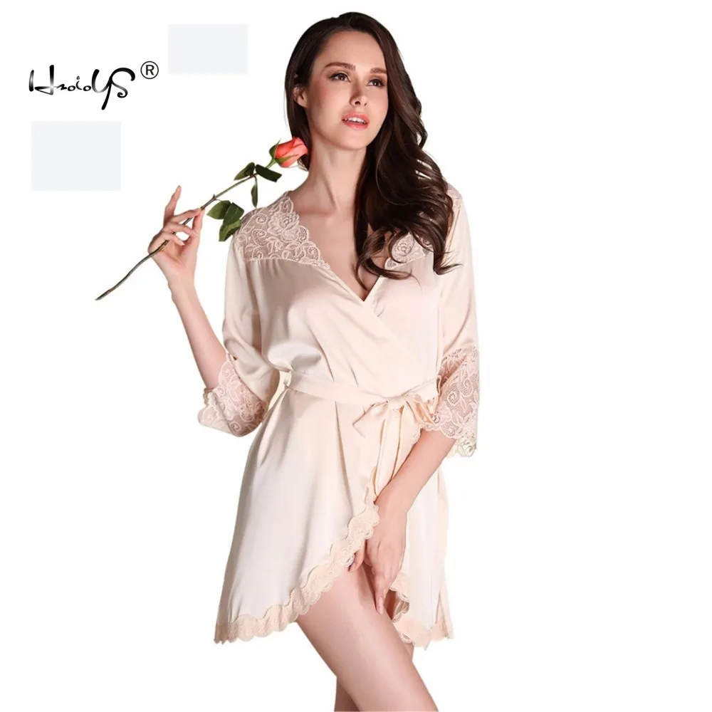 Для женщин пижамы кимоно халат летние пикантные V шеи сорочка шелковые кружева