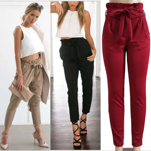 

Fashion Casual Women Ladies Pants Chiffon Skinny Long Length High Waist Pencil Pants Stretch Trousers Black Red Khaki