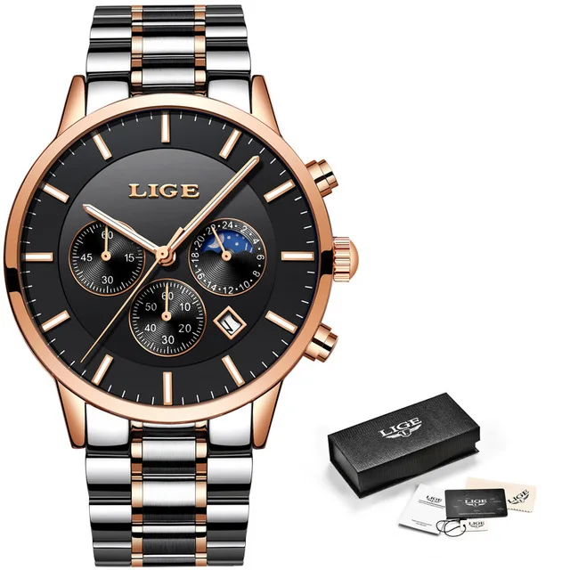 Rose gold black Relogio Masculino LIGE мужские часы Топ бренд класса люкс мужские модные деловые часы мужские повседневные водонепроницаемые кварцевые наручные часы - Цвет: Rose gold black
