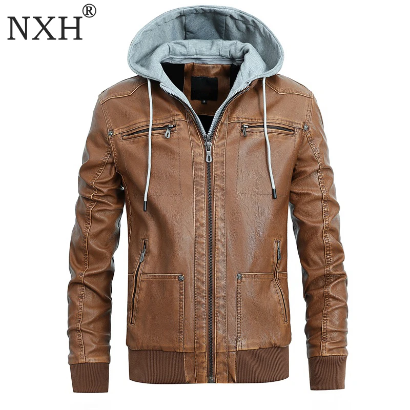 NXH искусственная кожа Jaket для мужчин PU Мужская куртка с капюшоном мотоциклетная
